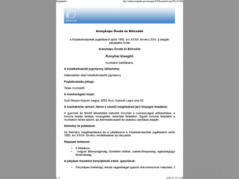 Aranykapu Óvoda és Bölcsőde - Konyhai kisegítő munkakör