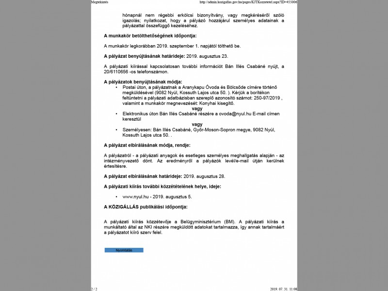 Aranykapu Óvoda és Bölcsőde - Konyhai kisegítő munkakör