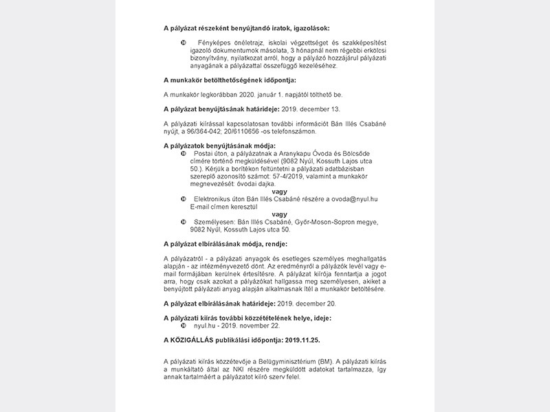 Az Aranykapu Óvoda és Bölcsőde pályázatot hirdet óvodai dajka munkakör betöltésére