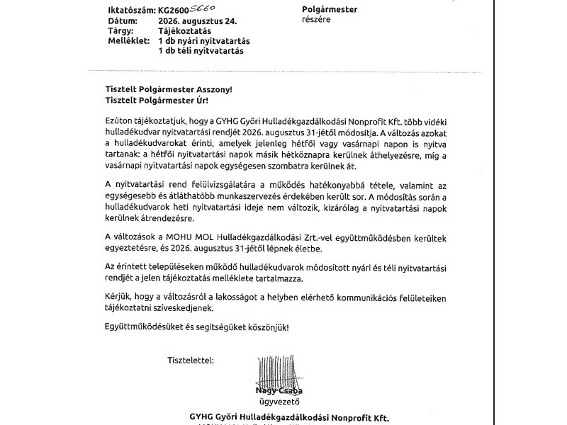 Hullad&eacute;kudvarok nyitvatart&aacute;sa v&aacute;ltozik