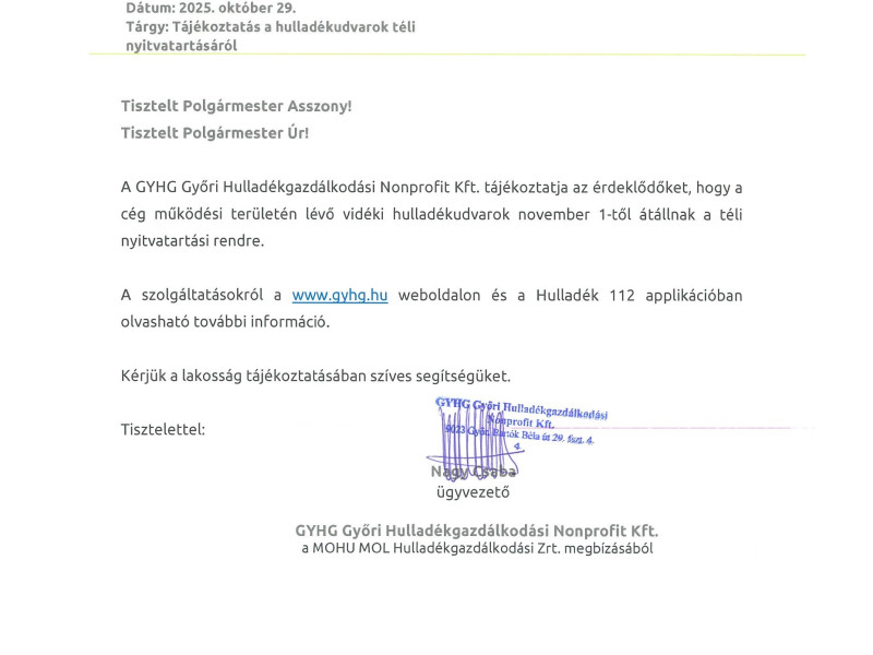 Hulladékudvarok téli nyitvatartási rend 2025.11.03-től